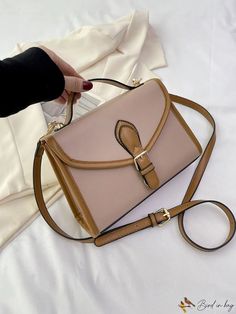 BirdinBag - Stylish Color Block Top Handle Bag with Adjustable Strap for Fashionable Wardrobes Color Block Top, Bag Bag, Handle Bag, Square Bag, Color Khaki, Style Elegant, Top Handle, Color Block, Pu Leather