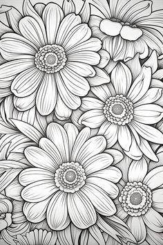 a black and white drawing of flowers with lots of petals on the petals, all arranged in