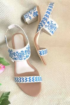 Blue Block Heels, Embroidered Heels, Ankle Strap Block Heel, Make Up Videos, Heels Online, Womens Summer Shoes, Blue Block, Leather Block Heels