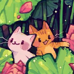 two cats sitting on top of green leaves next to each other in front of trees