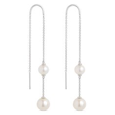 Exceptional elegance at a great value, these pearl earrings are a beautiful addition to your everyday favorites or a gift for the pearl lover in your life. Cultured pearls dangle from dainty 14k white gold links. The natural color and glow of pearls makes for an iconic complement with white gold, the result sleek and captivating. Silver Linear Pearl Earrings With Pearl Chain, Dainty Hypoallergenic White Gold Pearl Earrings, Silver Akoya Pearl Dangle Earrings, Sterling Silver Pearl Chain Earrings For Anniversary, Elegant White Drop Threader Earrings, Minimalist Sterling Silver Pearl Chain Earrings, White Gold Sterling Silver Earrings With Pearl Chain, Timeless Silver Akoya Pearl Earrings, Timeless White Gold Pearl Earrings In Sterling Silver