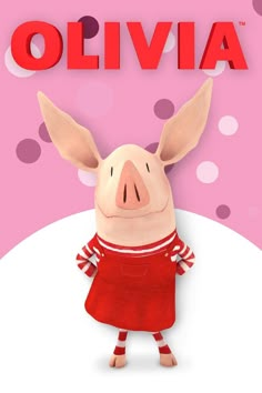 an animated pig is standing in front of the word, olivia on a pink background