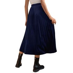 Navy Blue Velvet Pleated A-line Skirt