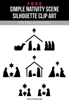 the nativity scene silhouette clip art is shown in black and white, with stars above it