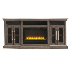 an entertainment center with a fire place and glass doors on the front, in grey wood