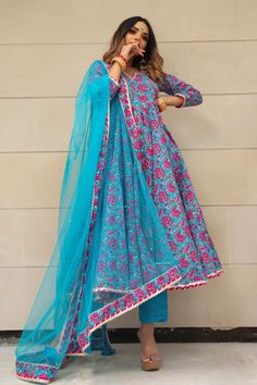 Step out in style by wearing this gorgeous hand block print anarkali Suit Set. This 3 piece set includes cotton anarkali ,cotton pants and soft net dupatta . Pair it with dainty pair of earrings and be ready to slay! PRODUCT DESCRIPTION: Anarkali and Pant : Cotton Dupatta: Soft Net Color: Blue Printed No. Of Components : Set of 3 Product Highlights: Lace work over dupatta ,anarkali and tassels at the back Embroidery Work : Lace Work Wash Care : Dry Clean Customization : Only Size and Length Of P Straight Palazzo Pants, Block Print Anarkali, Printed Anarkali Suits, Cotton Anarkali Kurta, Blue Anarkali, Printed Anarkali, Cotton Anarkali, Back Embroidery, Gota Work