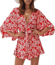 Red & White Floral Ruffled Tied Shorts Romper POLYESTER Imported Drawstring closure Machine Wash Tie Front rompers made of lightweight and soft printed fabric, double layer fabric ,not see through. soft, comfortable, breathable, skin-friendly, comfy to touch and wear. Brand Size Dress Bust Waist Hip XS 0-2 31-32.5'' 23-24'' 31-34" S 4--6 33-35'' 25-26'' 35-37" M 8--10 35-36'' 27-28'' 38-39" L 12--14 38-40'' 29-31'' 40-42" XL 14-16 40-42'' 33.5-36'' 44-46" 2XL 18-20 42-44'' 37-40'' 47-50" 3XL 22-24 44-46'' 41-46'' 51-55" 4XL 26-28 46-48'' 47-50'' 56-60" Indoor Beach Party, Beach Party Wedding, Indoor Beach, Fashion Mini Dress, V Neck Romper, Neck Tie Knots, Stretch Jumpsuit, Heart Clothes, Shorts Romper