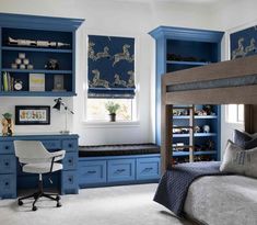 a bedroom with blue and white decor in the walls, drawers, desks and bed