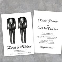 Elegant Black Tuxedo Watercolors Gay Wedding Invitation