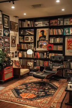 a living room filled with furniture and lots of books on the shelves next to a rug