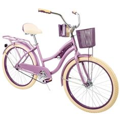 a purple bicycle with a basket and handlebars on the front wheel, isolated against a white background