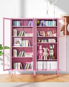 a pink bookcase filled with lots of books