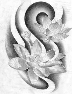 a pencil drawing of flowers and swirls