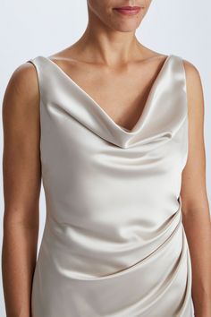 Cowl neck cocktail dress. Shown in Champagne Fluid Satin. White Satin Cowl Neck Dress, Cowl Dresses, Slip Dress Pattern, Wedding Dress Bolero, Satin Cowl Neck Dress, Amsale Bridesmaid, Amsale Dress, Fashion Study, Emerald Dress