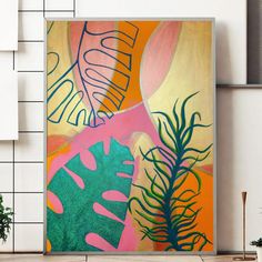 an abstract painting on the wall next to a potted plant and tiled flooring