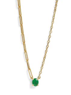 This mixed chain emerald necklace from Yvonne Leon is the perfect update to a classic piece. One sparking emerald is suspended from two 18 karat yellow gold mixed chains. Handcrafted in 18k Yellow Gold. Detailed in emerald, .32 carats. Necklace measures 16.5" long. Finished with a spring ring clasp. Luxury Yellow Gold Emerald Necklace For Engagement, Luxury Hand-set Yellow Gold Emerald Necklace, Luxury Yellow Gold Emerald Necklace With Rectangular Pendant, Yellow Gold Emerald Pendant Necklace, Emerald Pendant Necklace With Adjustable Chain For May Birthstone, May Birthstone Emerald Pendant Necklace With Adjustable Chain, Green Emerald Necklace With Adjustable Chain, Emerald Necklace With Delicate Yellow Gold Chain, Yellow Gold Emerald Necklace With Delicate Chain