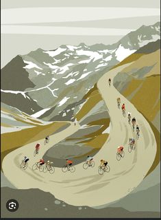 a group of bicyclists riding down a mountain road in the snow covered mountains