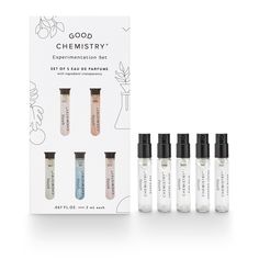 What it is Discover Good Chemistry’s best-selling fragrances with this curated collection of mini Eau de Parfums. With each vial containing enough for at least 5 wears, the possibilities are endless. This Experimentation Set contains 5 – 0.067 fl oz (2ml) vials, one of each of the fragrances below: Queen Bee - Black Currant, Peony + Amber Pink Palm - Dragonfruit, Magnolia + Sugared Vanilla Coco Blush - Pineapple, Coconut Water + Driftwood Coffee Cloud - Bergamot, Espresso + Cedarwood Unknown Leg Pineapple Coconut Water, Good Chemistry, Vegan Perfume, Purse Essentials, Pineapple Coconut, Black Currant, Best Fragrances, New Fragrances, Signature Scent