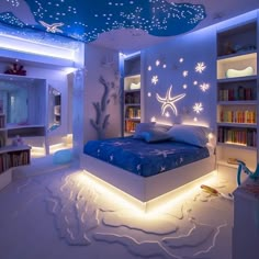 a bed room with a neatly made bed and bookshelves