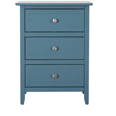 a blue dresser with three drawers and two knobs on the bottom, against a white background