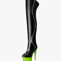 Neon Green Black Leather Thigh High Pleaser Ellie Heels, Brand New In Box, Only Tried On Indoors, 9/10 Ellie Shoes, Shoes Green, Neon Green, Thigh High, Thigh Highs, Black Green, Black Leather, Size 10, Neon