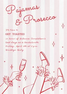 Customize 'Pajamas and Prosecco' Bachelorette Party Invitation online and send via email, text message, or a shareable link. Instantly track deliveries and opens, and message recipients. Non Cheesy Bachelorette Party Ideas, Spa Day Invite, Champagne Problems Bachelorette Party, Pjs And Prosecco Nye Party, Prosecco And Pajamas, Love Is In The Air Bachelorette Theme, Pj Bridal Shower Ideas, Petals And Prosecco Bachelorette Theme, Sonoma Bachelorette Party