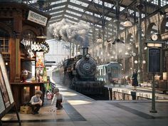 an old fashioned steam engine train in a station with people standing around and looking at it