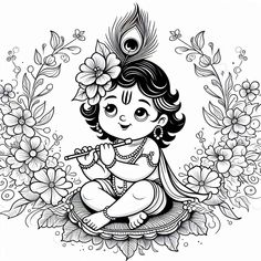 Outlines Of Drawings, Baby Krishna Drawing, God Outline, Cute Little Krishna Drawing, Cute Krishna Drawing, Janmashtami Drawing, Microsoft Copilot, Mural Art Design, Pencil Drawing Images