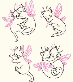 four drawings of cats with wings and tails