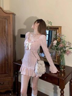 Coquette Mini Dress Cute Coquette Dress, Flared Long Sleeve Dress, Pink Cottagecore Outfits, Outfit Ideas For New Year, Royal Coquette, Elegant Pink Dress, Coquette Mini Dress, Pastel Aesthetic Outfit, Flowy Outfits