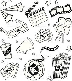 black and white hand drawn doodle style movie related items, such as popcorn, film clapper, soda can, star shaped glasses, popcorn buckets