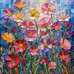 colorful flowers are depicted in this stained glass mosaic wall art piece, which features multiple colors and sizes