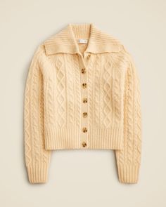 Collared cable-knit cardigan sweater Chic Fitted Cable Knit Cardigan, Classic Cable Knit Cardigan For Fall, Fitted Cable Knit Cardigan, Classic Cable Knit Sweater Coat For Fall, Fitted Cable Knit Cardigan For Fall, Elegant Cable Knit Sweater Coat For Fall, Fitted Textured Knit Cardigan, Classic Fall Cable Knit Sweater Coat, Textured Knit Sweater Coat