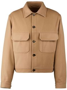 sand beige wool blend felted finish front button fastening classic collar long sleeves buttoned cuffs two front flap pockets unlined straight hem When buying this unisex item, keep in mind that it is graded in standard men's sizing. Wool Clothing, Wool Shirt, Custom Buttons, Balenciaga Triple S, Pocket Jacket, Sand Beige, Mens Outerwear, Green Jacket, Wool Jacket