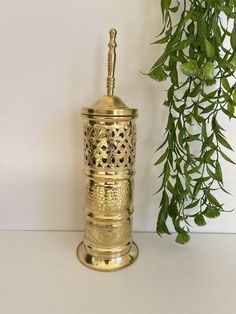 a golden metal container with a plant in the background