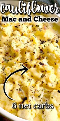 the macaroni and cheese casserole is in a white dish with an arrow pointing to it