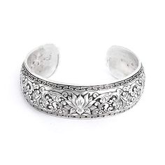 This wide carved design lotus Bali cuff bracelet features a lovely two-tone pattern of floral and vines for a fabulous addition to your outfit. Good Afternoon Everyone, Lotus Flower Jewelry, Masaru Emoto, Lotus Bracelet, Modern Silver Jewelry, Bali Jewelry, Solitaire Diamond Pendant, Exotic Jewelry, Metal Cuff Bracelet