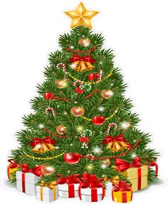 a christmas tree with presents under it and gold stars on the top, in front of a white background