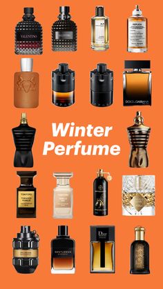 an orange background with different types of perfumes