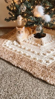 a cat sitting under a christmas tree on the floor in front of a crocheted rug