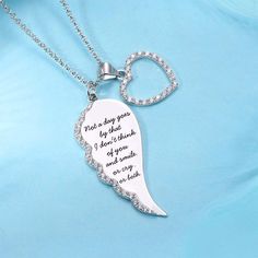 Engraving up to 68 characters. This Personalized Angel Wing Heart Necklace is a lovely memorial necklace with a silver angel wing charm and heart. This exquisite fine necklace is a brilliant gift choice and its elegant appearance comes from great craftsmanship. Let this wonderful piece be a reminder that your guardian angel is always with you. Customize it with the engraving contents of your choices. Item specifics: Style Name Necklace/Love Necklace Pendant Size 1.5cm~4.5cm/0.59"~1.77" Hook Sing Twin Angels, Engraved Necklace Mothers, Angel Guides, Halo Tattoo, Memorial Items, Fine Necklace, Angel Wings Jewelry, Angel Wings Heart, Remembrance Jewelry