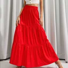 Beautiful 100% Polyester, Satin-Finish Red Maxi Skirt By Luuke’s. Perfect For The Holidays! Brand-New, Never Worn. Msrp: $40. Sized On Tag As Large, But Runs Small. Fits Medium (8-10) Best. Casual Red Full Skirt Bottoms, Red Flowy Flared Skirt, Casual Red Flared Skirt, Red Flowy Tiered Mini Skirt, Red Ruffled Maxi Skirt For Summer, Red Full Ruffled Skirt, Red Ruffled Full Skirt, Red Full Skirt With Ruffles, High Waist Red Skirt For Summer