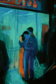 a painting of two people embracing each other in front of a building with neon lights