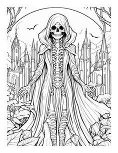 a coloring page with a skeleton dressed in a robe and hood, holding his hands out