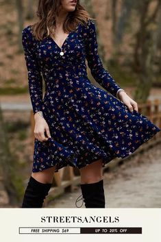 Fashion Floral Vintage Elegant Long Sleeve Loose A-Line Casual Dress Casual Dress Outfit, Crisp Autumn, Trendy Outfit Ideas, Trendy Fall Outfits, Long Sleeve Floral Dress, Trendy Fall, Fall Outfit Ideas, Trendy Outfit, Vintage Elegant