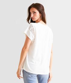 Women's Pieced Crochet Top In White By Daytrip., Women's White Raw edge ribbed knit lace-up top Bust measures 40 on size small Body length 24 on size small. Self: 57% Cotton 40% Polyester 3% Spandex. Contrast: 100% Cotton. Machine wash cold with like colors. Do not bleach. Lay flat to dry. Low iron if needed. Apparel & Accessories > Clothing > Shirts & Tops Spring Lace Trim Crew Neck Top, Stretch Lace Tops With Pointelle Knit, Casual T-shirt With Lace Trim For Spring, Spring Cotton Lace Patchwork Top, Casual Stretch Lace Top With Lace Trim, Casual Stretch Blouse With Lace Patchwork, Spring Lace Patchwork Tops For Day Out, Casual Tops With Lace Patchwork, Casual Lace Patchwork Tops