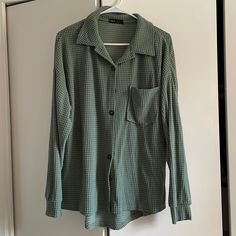 Shein, Size S, Mint Green Button Up Blouse, Oversized, 1 Pocket, Never Worn Oversized Button Closure Top For Loungewear, Oversized Loungewear Tops With Button Closure, Green Buttoned Tops For Loungewear, Oversized Buttoned Tops For Loungewear, Casual Buttoned Shirt For Loungewear, Casual Loungewear Shirt, Button-up Shirt With Button Closure For Loungewear, Oversized Loungewear Blouse With Button Closure, Oversized Blouse For Loungewear With Button Closure