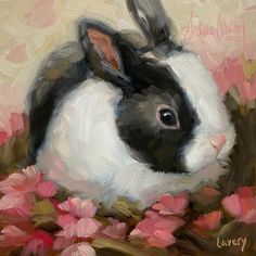 a painting of a black and white rabbit sitting in pink flowers on a beige background