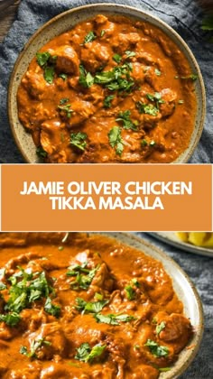 two bowls filled with chicken tikka masala and garnished with cilantro