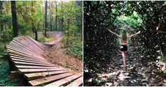 two pictures one shows a woman standing on a bench and the other shows a wooden bench in the woods